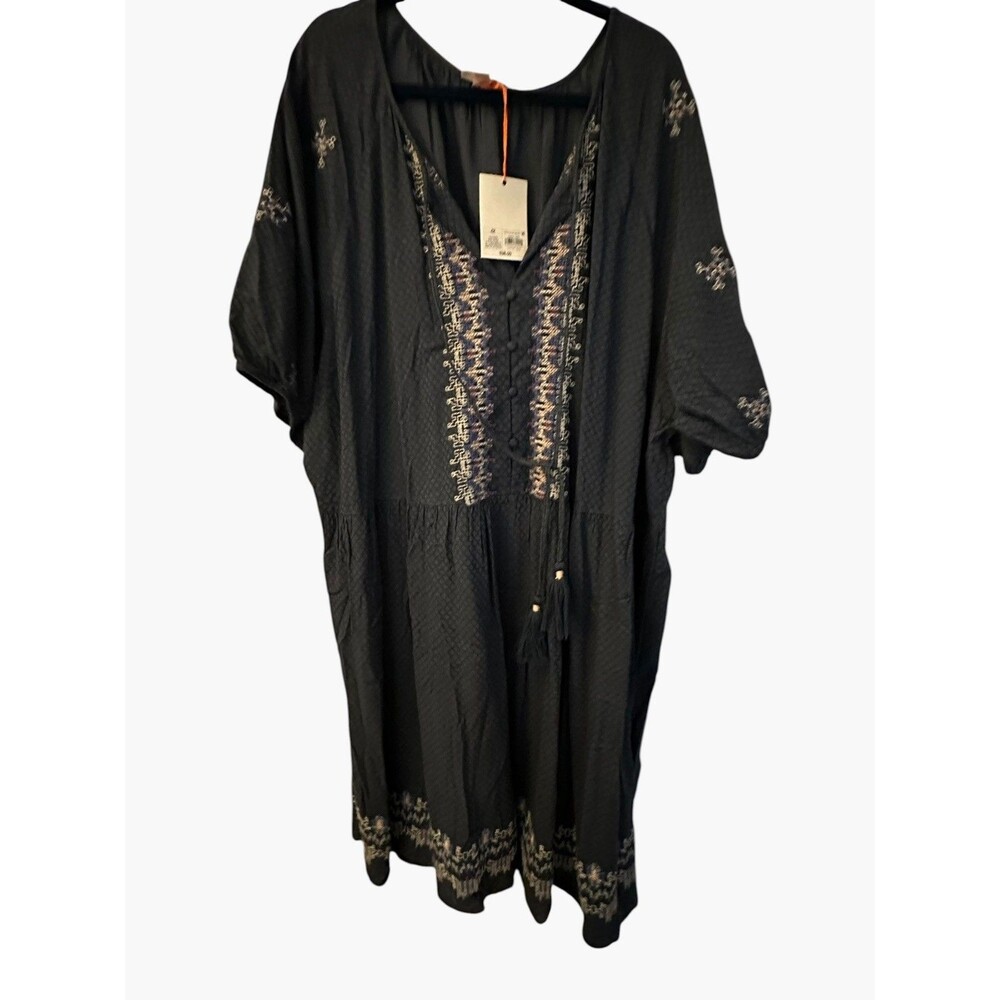 NWT Knox Rose Navy Embroidered Witchy Geometric Boho Shift Tassel Dress 4x